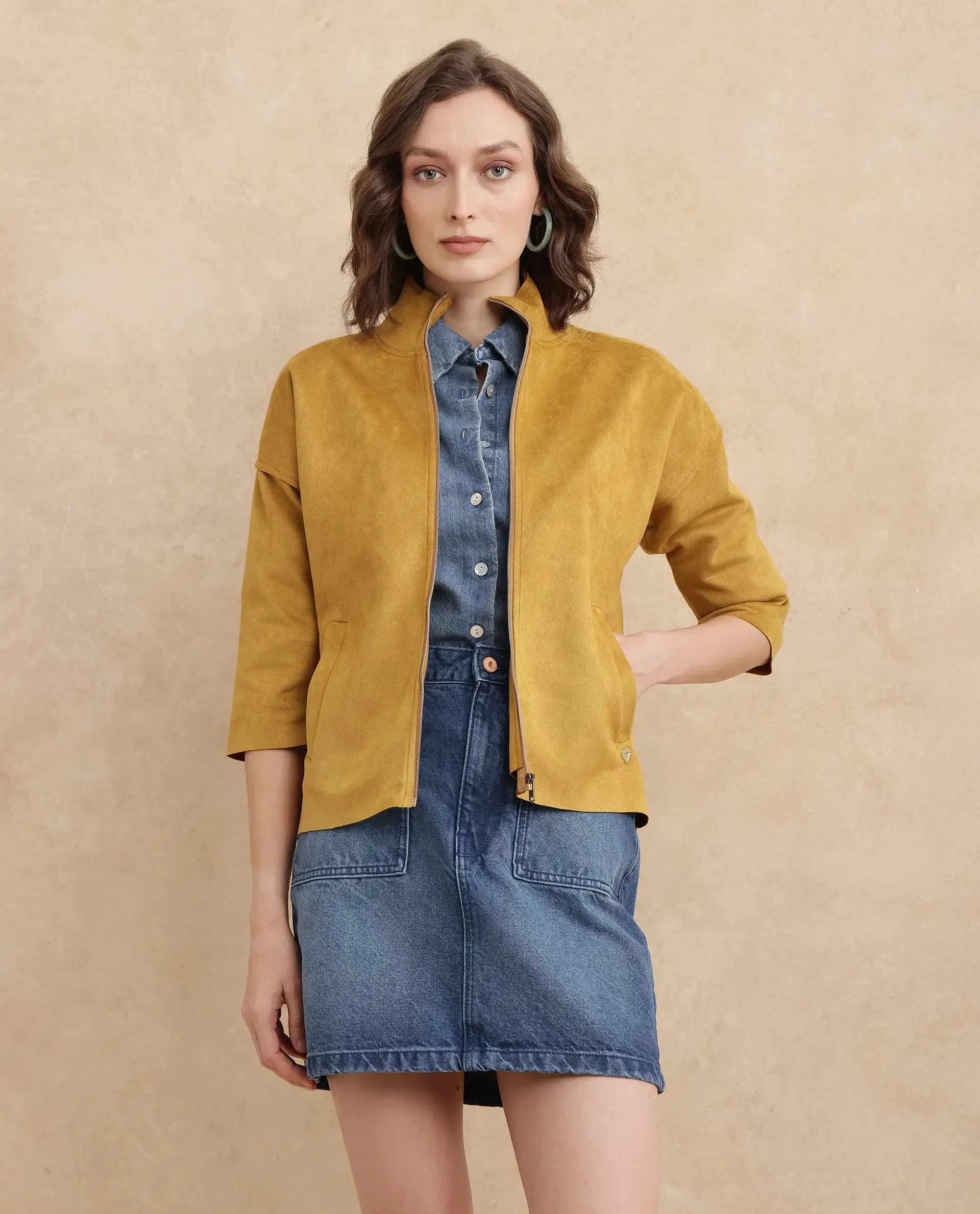 Rareism Women Vasu 2 Mustard Suede 3/4Th Sleeve Stand Collar Zipper Closure Boxy Fit Plain Jacket
