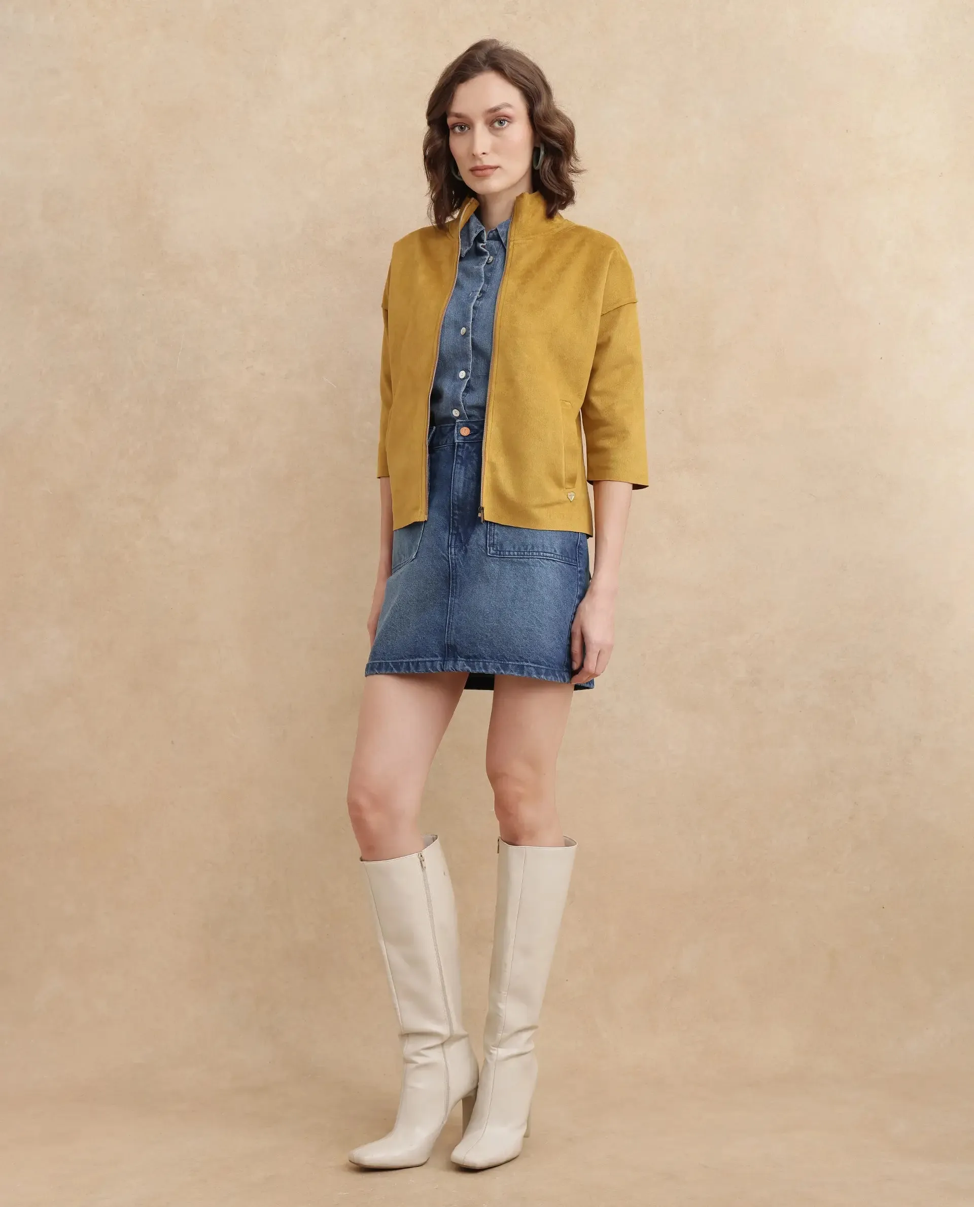 Rareism Women Vasu 2 Mustard Suede 3/4Th Sleeve Stand Collar Zipper Closure Boxy Fit Plain Jacket