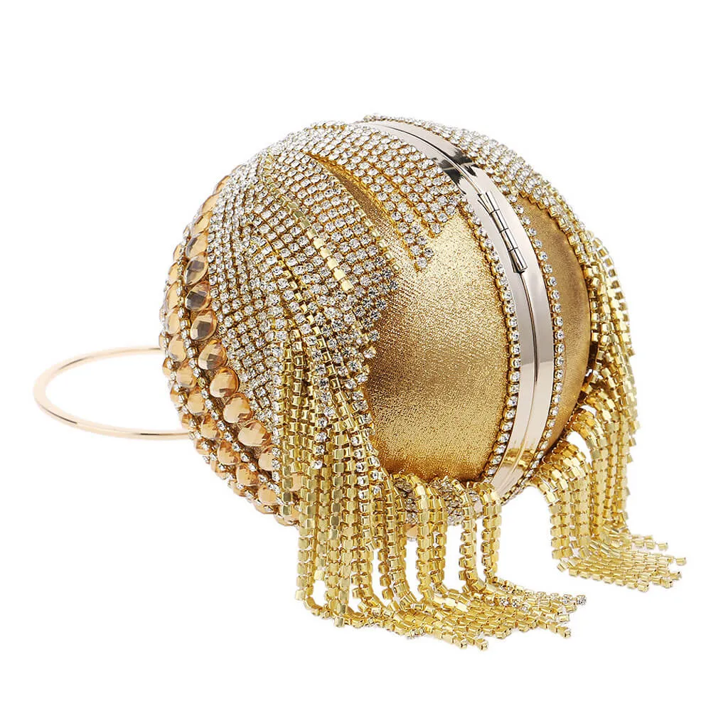 Sparkly Rhinestone Beaded Fringe Round Evening Clutch Bag - Gold