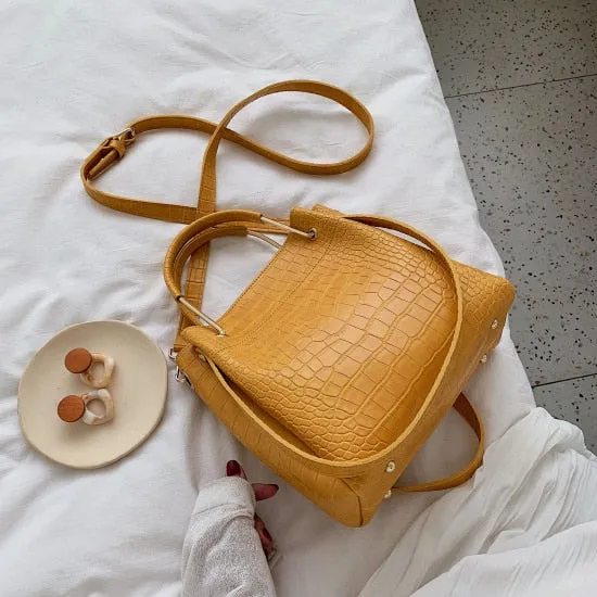 Stone Pattern PU Leather Bucket Bags For Women 2021 Small Shoulder Simple Bag Lady Fashion Handbags Luxury Totes