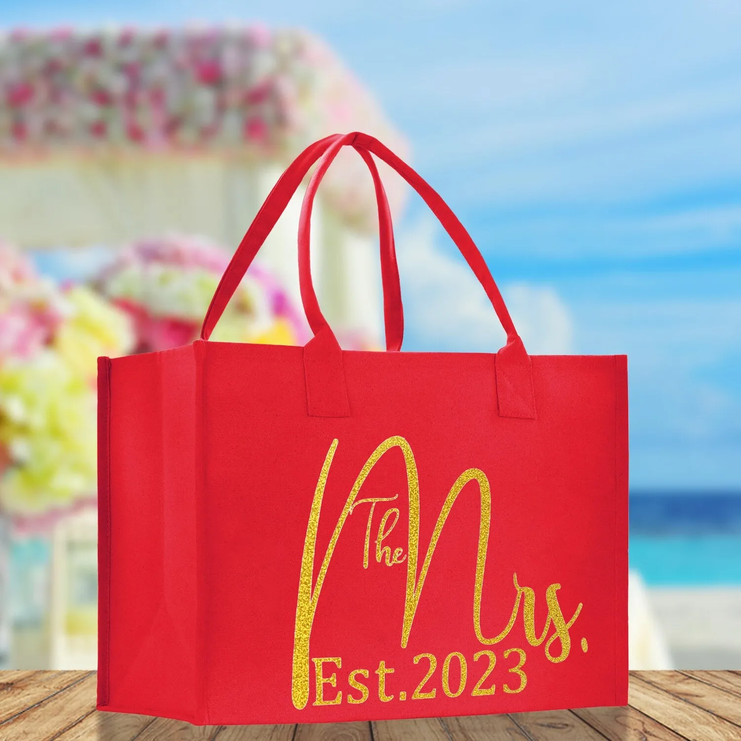 The Mrs. Est. 2023 Gold Color Print Tote Bag 100% Cotton Canvas Bridal Party Tote Bachelorette Bag Bridal Chic Tote Bags Wedding Totes
