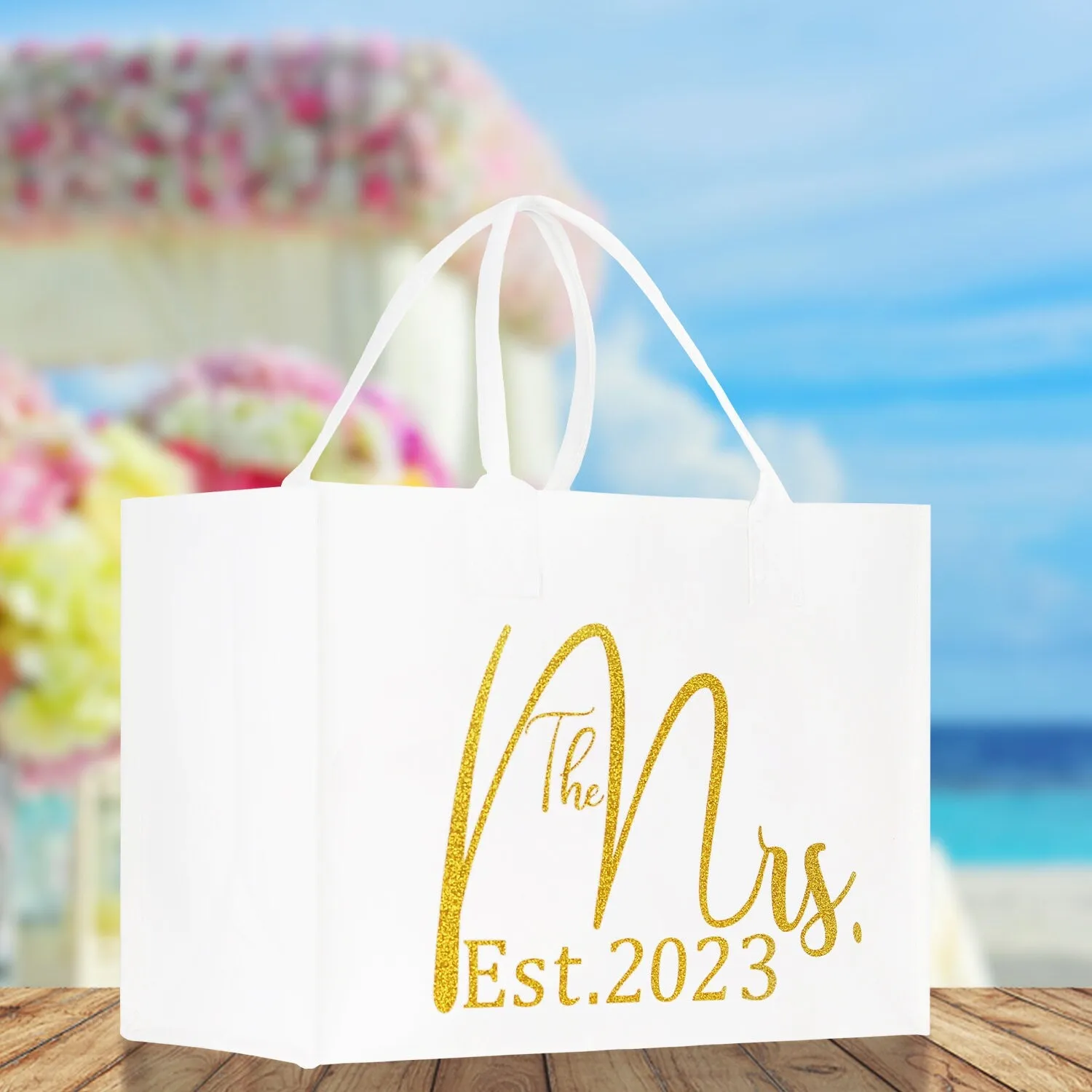 The Mrs. Est. 2023 Gold Color Print Tote Bag 100% Cotton Canvas Bridal Party Tote Bachelorette Bag Bridal Chic Tote Bags Wedding Totes