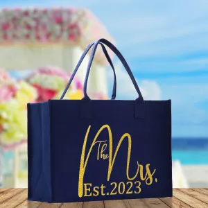 The Mrs. Est. 2023 Gold Color Print Tote Bag 100% Cotton Canvas Bridal Party Tote Bachelorette Bag Bridal Chic Tote Bags Wedding Totes
