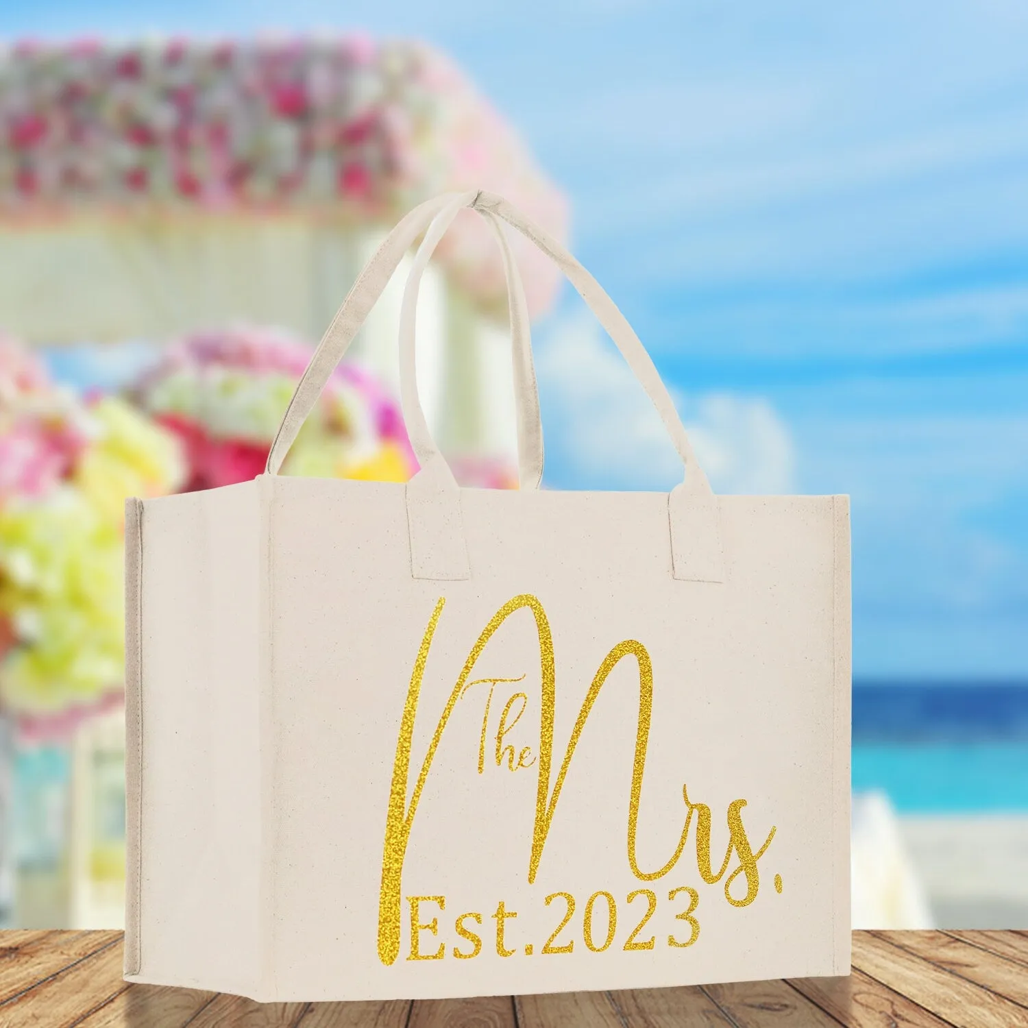The Mrs. Est. 2023 Gold Color Print Tote Bag 100% Cotton Canvas Bridal Party Tote Bachelorette Bag Bridal Chic Tote Bags Wedding Totes