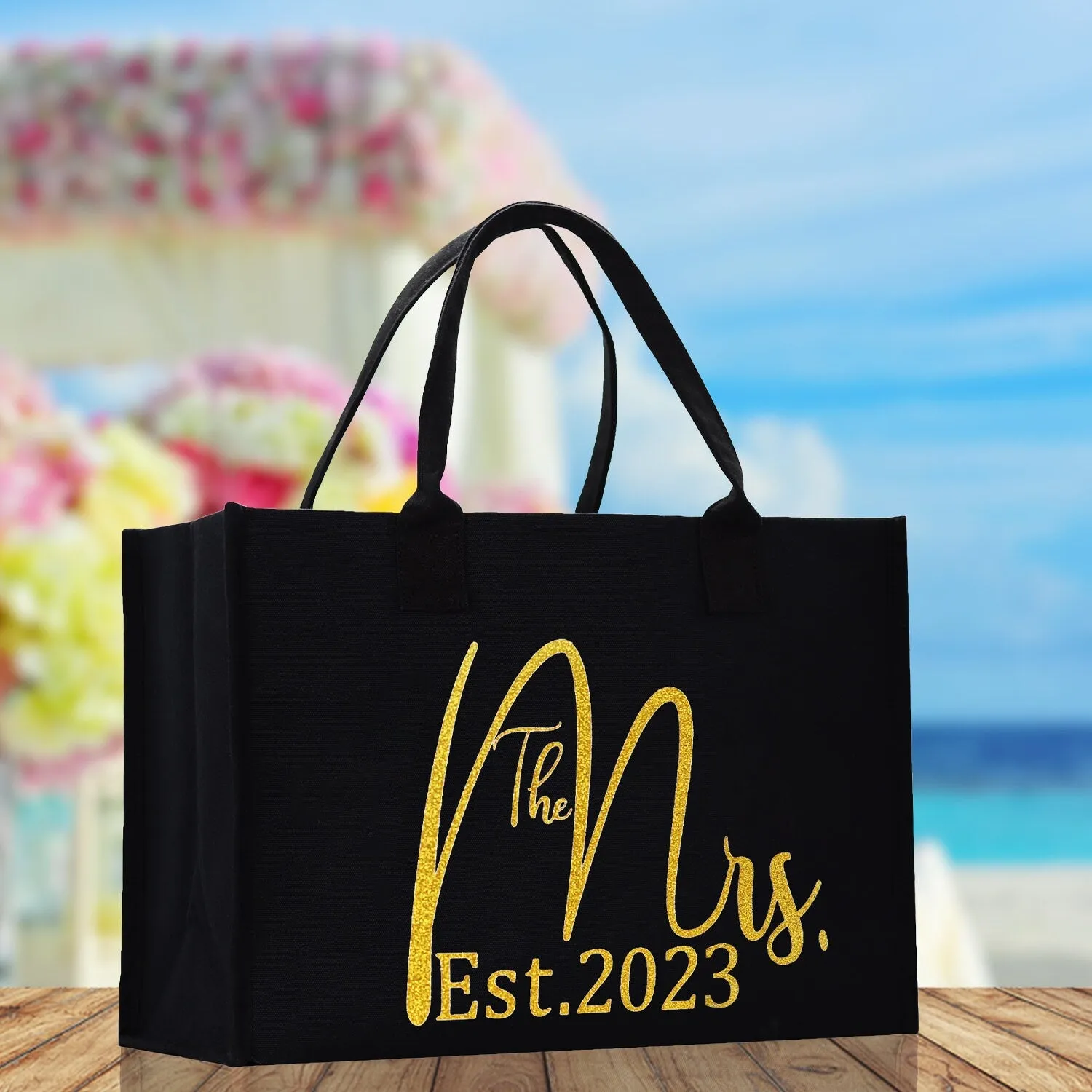 The Mrs. Est. 2023 Gold Color Print Tote Bag 100% Cotton Canvas Bridal Party Tote Bachelorette Bag Bridal Chic Tote Bags Wedding Totes
