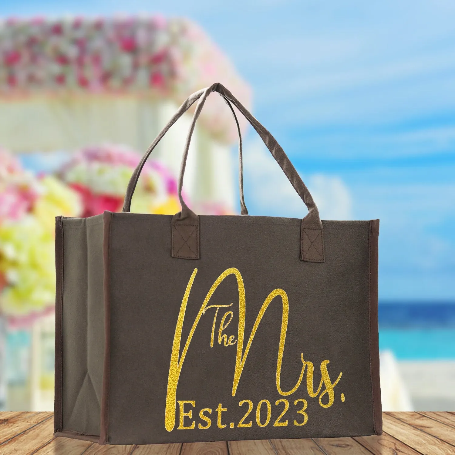 The Mrs. Est. 2023 Gold Color Print Tote Bag 100% Cotton Canvas Bridal Party Tote Bachelorette Bag Bridal Chic Tote Bags Wedding Totes