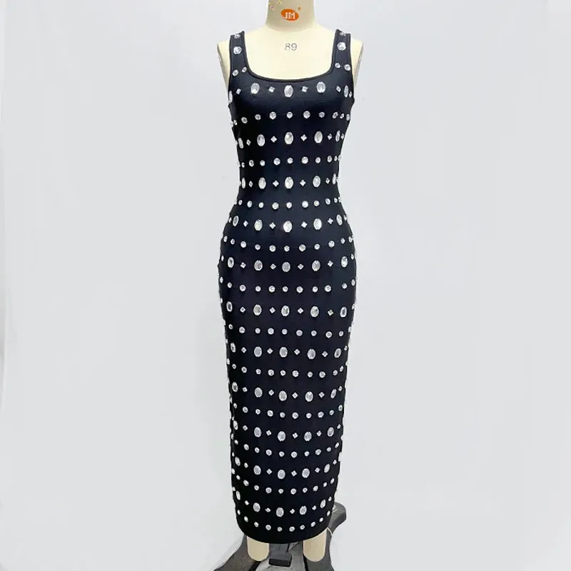 Trend4us Women's Elegant Crystal Embellished Black Dress