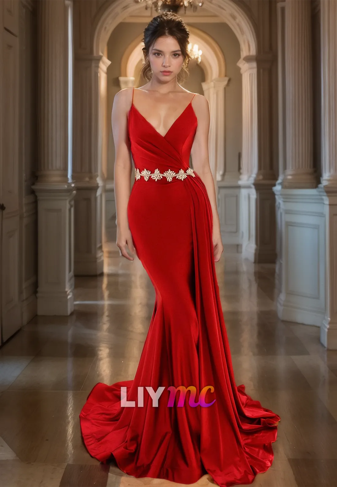 V-Neck Spaghetti Straps Pleated Sleek Mermaid Prom Dress