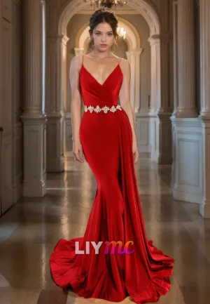 V-Neck Spaghetti Straps Pleated Sleek Mermaid Prom Dress