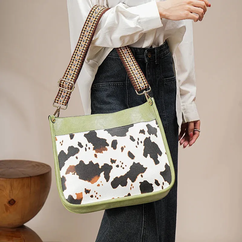 Women's 2Pcs Faux Leather Cow Pattern Shoulder Handbag Purse