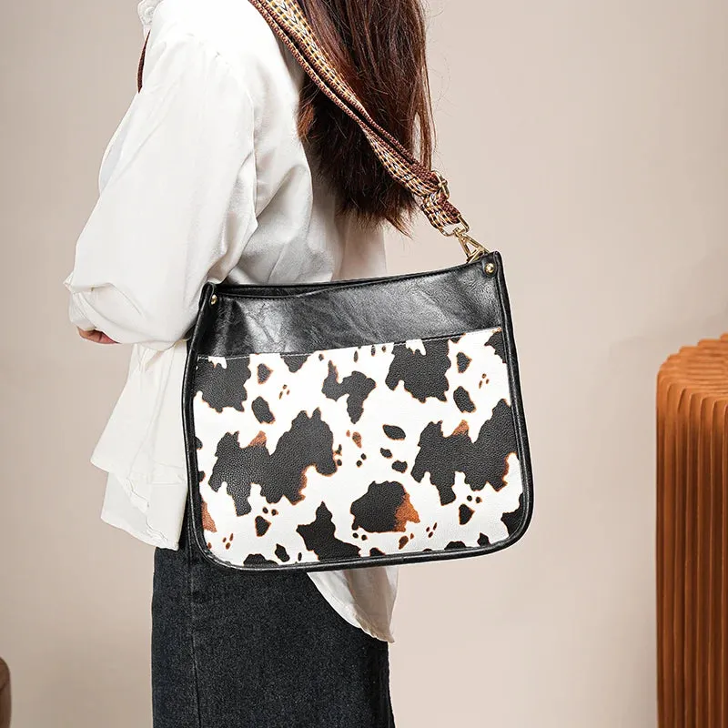 Women's 2Pcs Faux Leather Cow Pattern Shoulder Handbag Purse