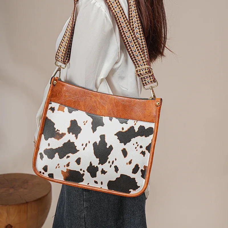 Women's 2Pcs Faux Leather Cow Pattern Shoulder Handbag Purse