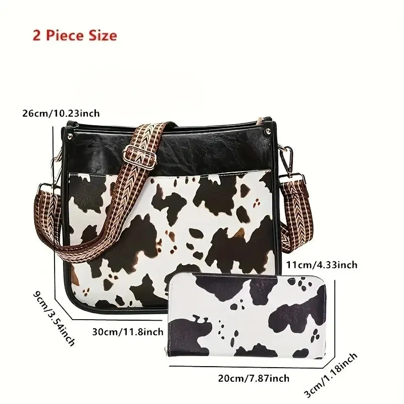 Women's 2Pcs Faux Leather Cow Pattern Shoulder Handbag Purse