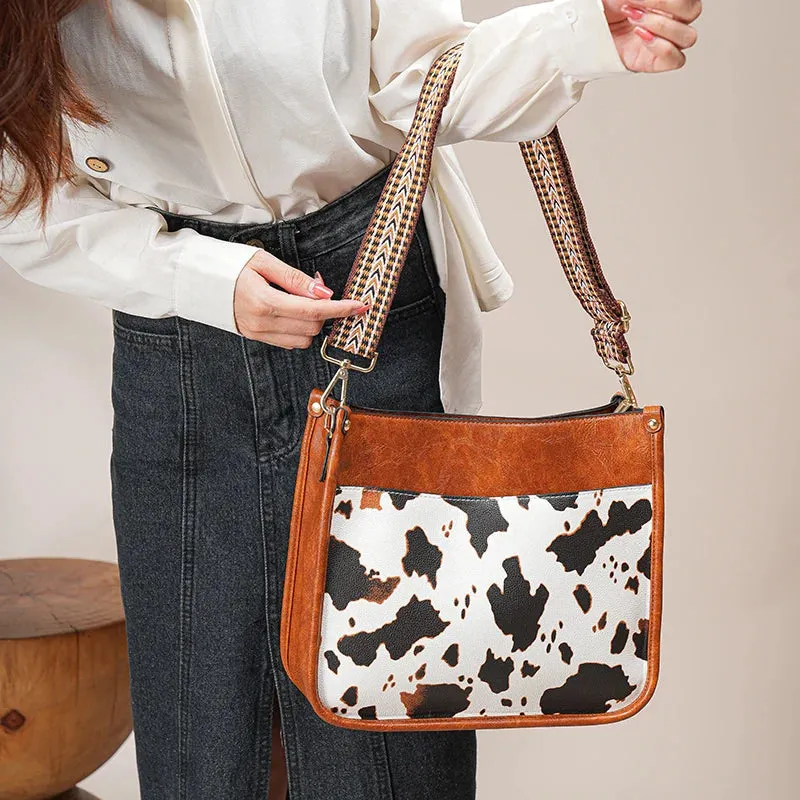 Women's 2Pcs Faux Leather Cow Pattern Shoulder Handbag Purse