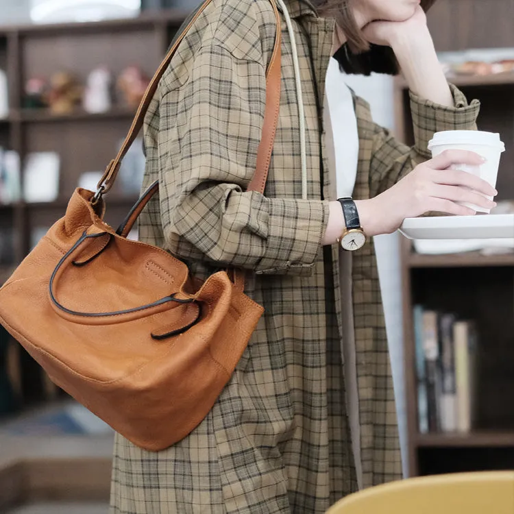 Womens Genuine Leather Bucket Bags Brown Leather Crossbody Bag