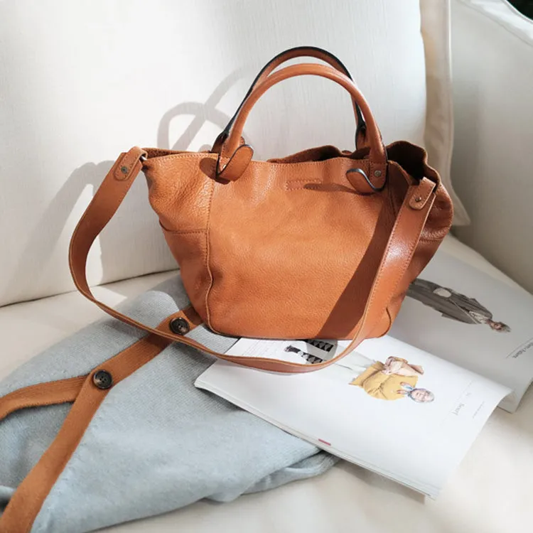 Womens Genuine Leather Bucket Bags Brown Leather Crossbody Bag