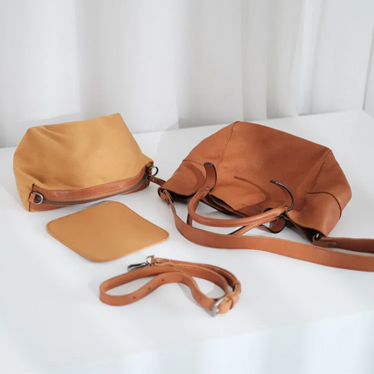 Womens Genuine Leather Bucket Bags Brown Leather Crossbody Bag