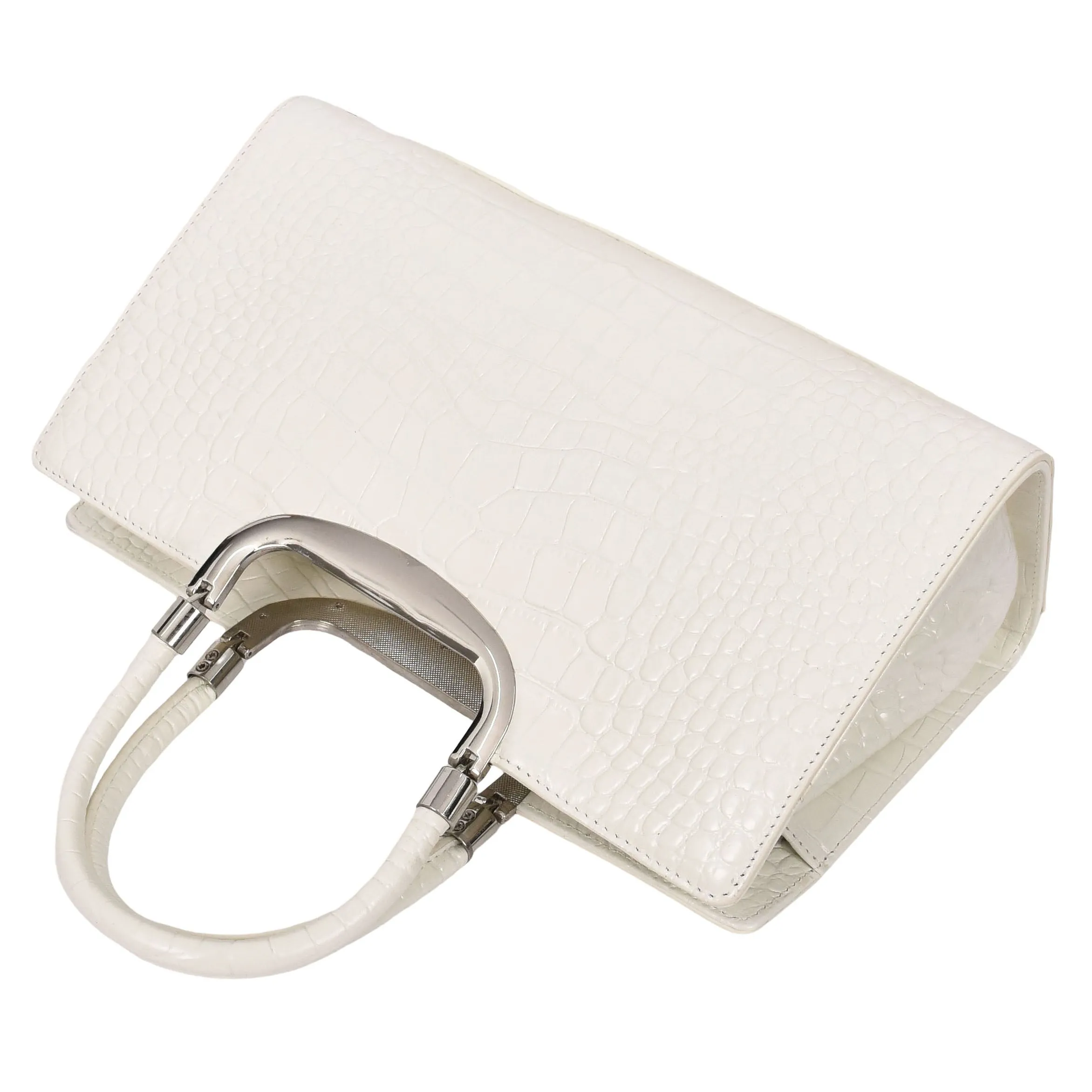 Womens Leather Handbag Croc-Print Casual Fashion Top Handle Tote Bag A880 Off White