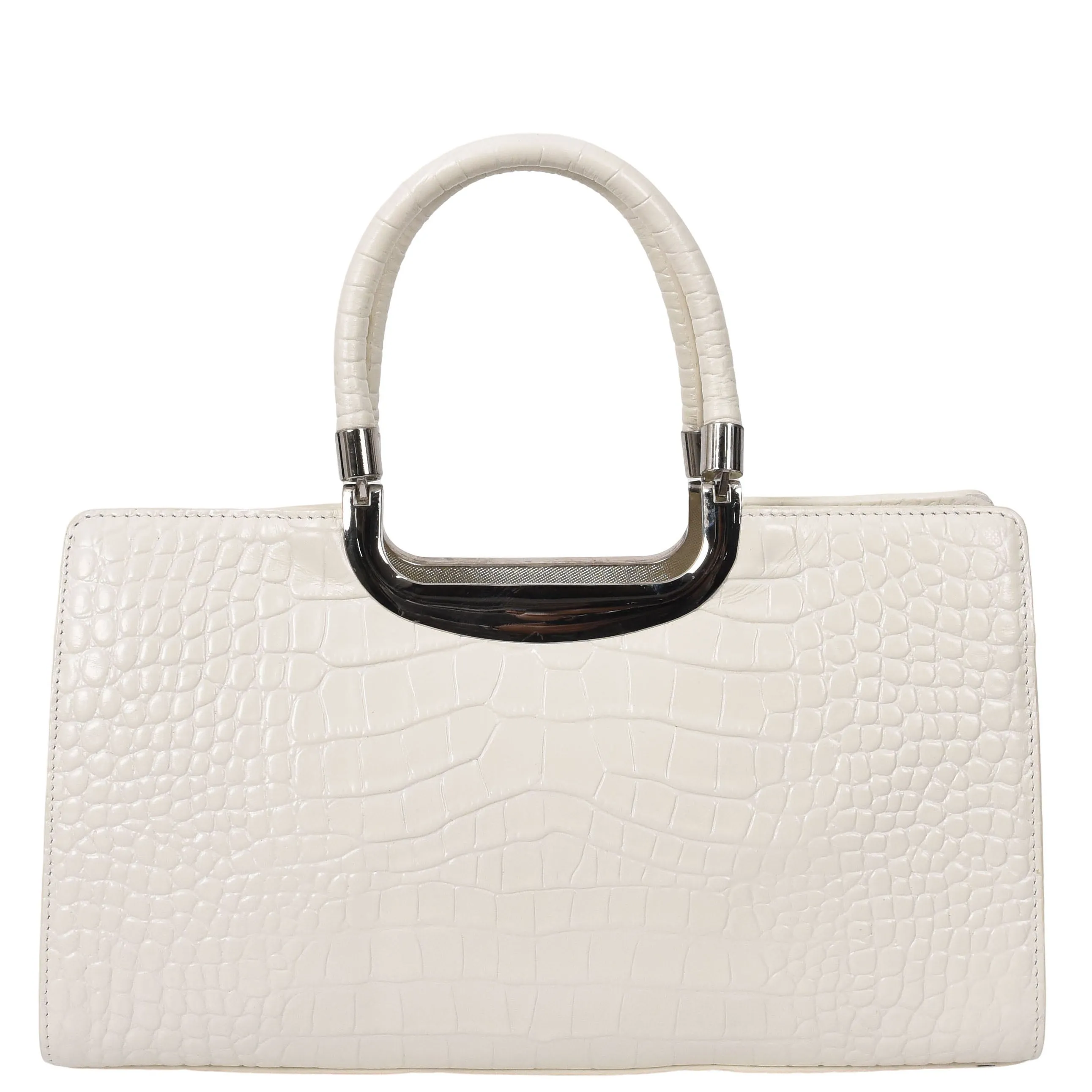 Womens Leather Handbag Croc-Print Casual Fashion Top Handle Tote Bag A880 Off White
