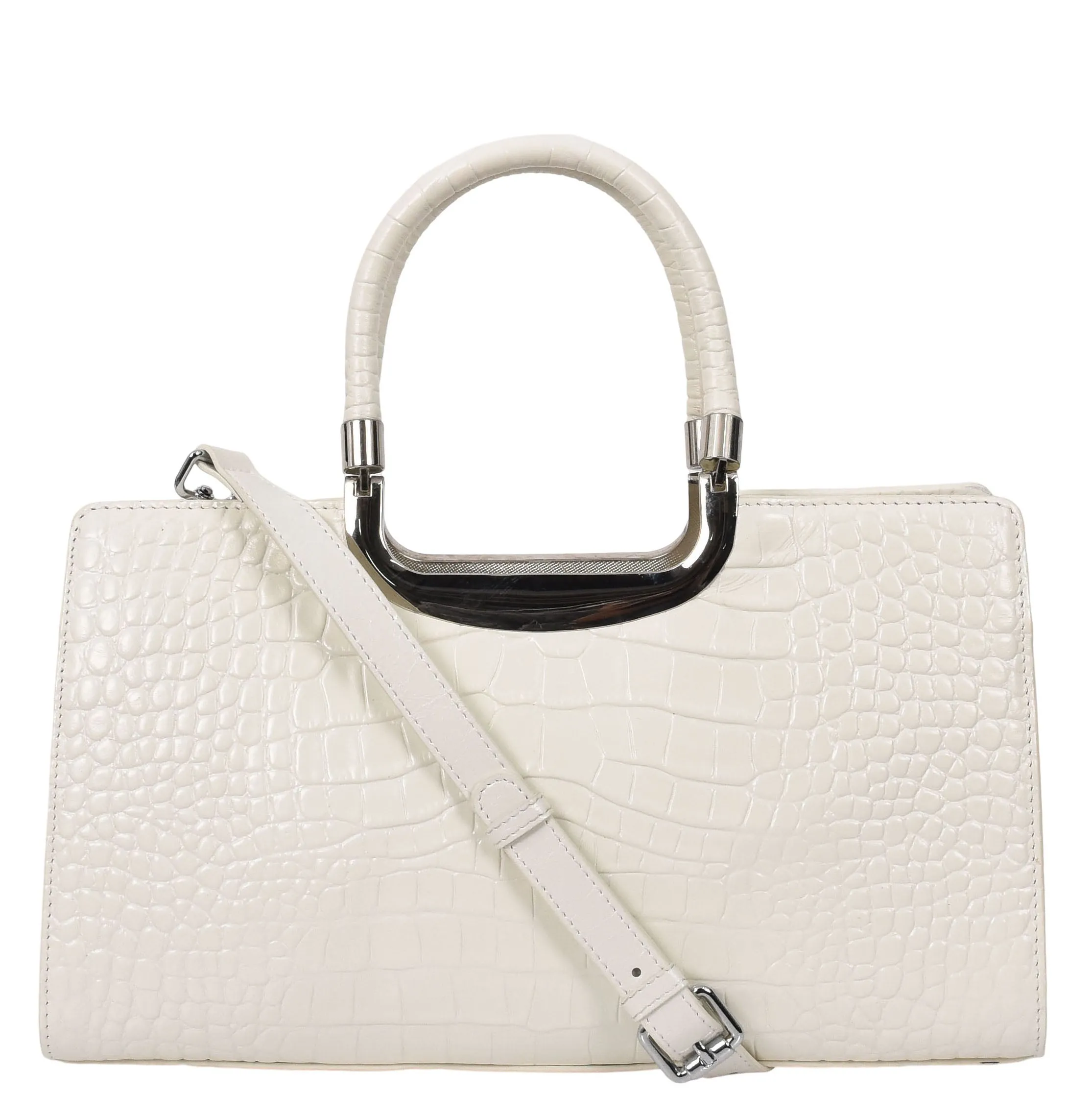 Womens Leather Handbag Croc-Print Casual Fashion Top Handle Tote Bag A880 Off White