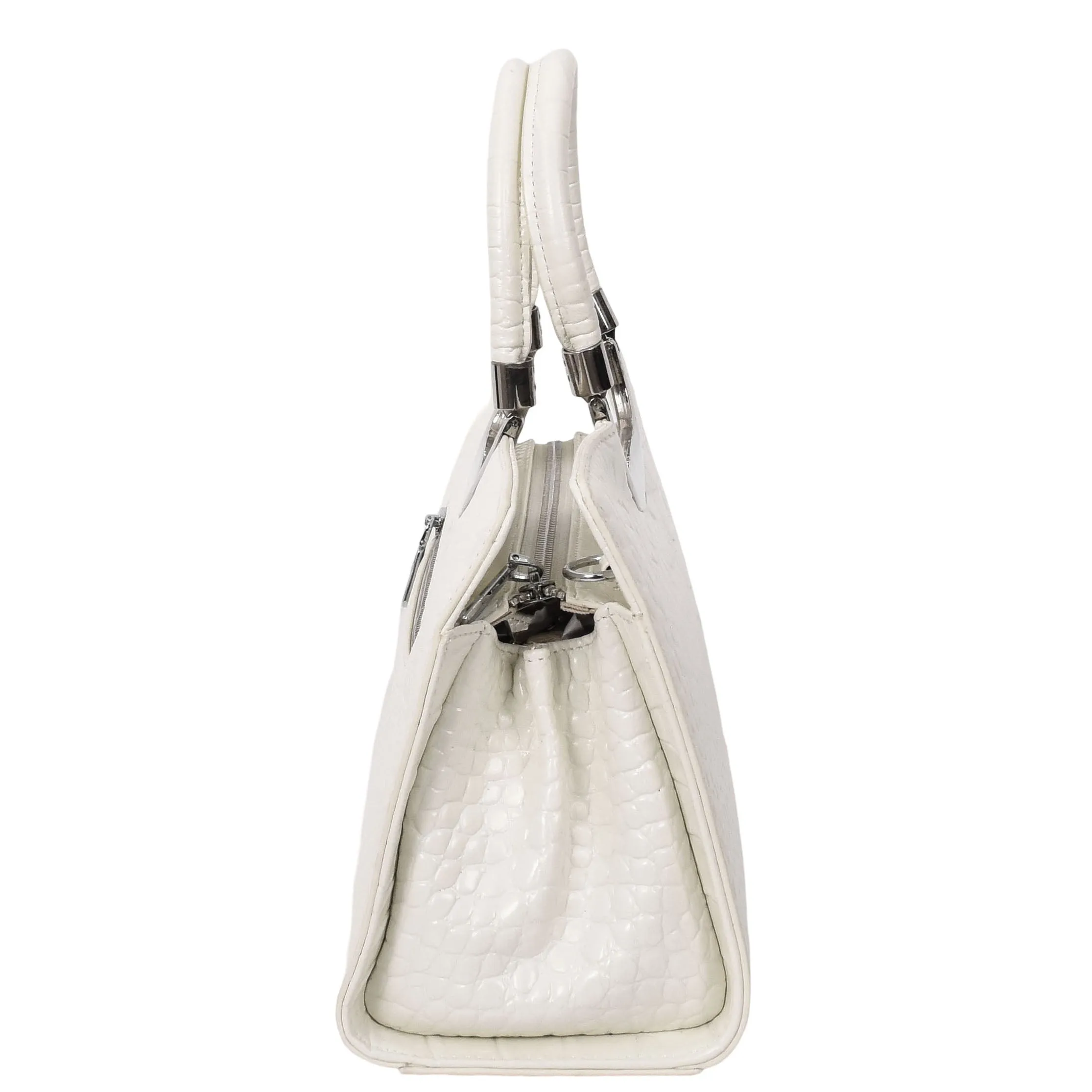 Womens Leather Handbag Croc-Print Casual Fashion Top Handle Tote Bag A880 Off White
