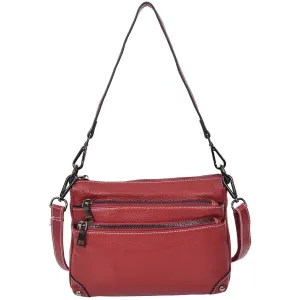 Womens Leather Shoulder Bag Classic Multiple Zip Pockets Handbag A188 Red
