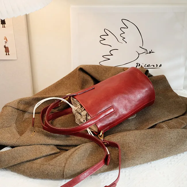 Womens Small Black Leather Crossbody Bag Leather Bucket Bag