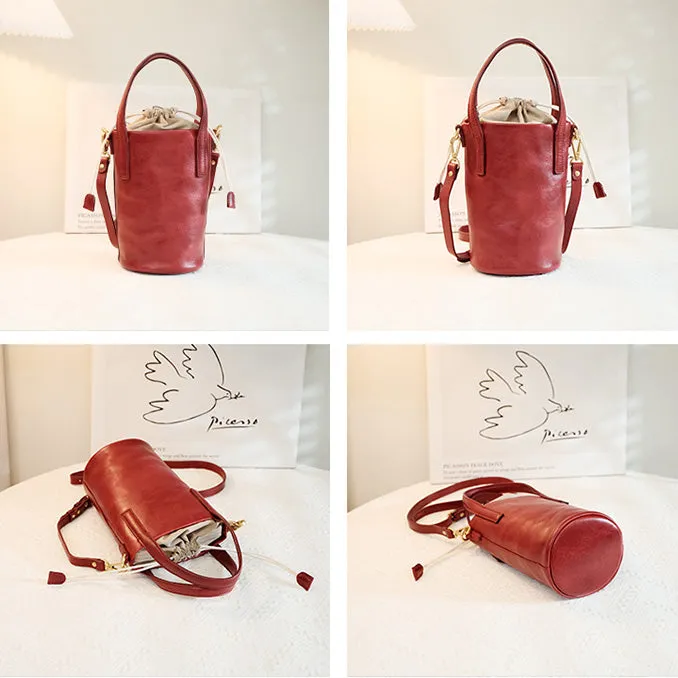 Womens Small Black Leather Crossbody Bag Leather Bucket Bag