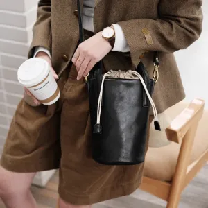 Womens Small Black Leather Crossbody Bag Leather Bucket Bag